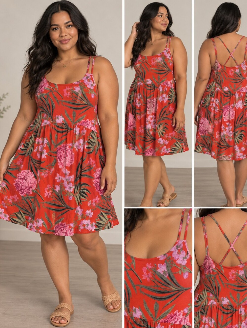 Old Navy XL Red Tropical Floral Strappy Fit & Flare Dress